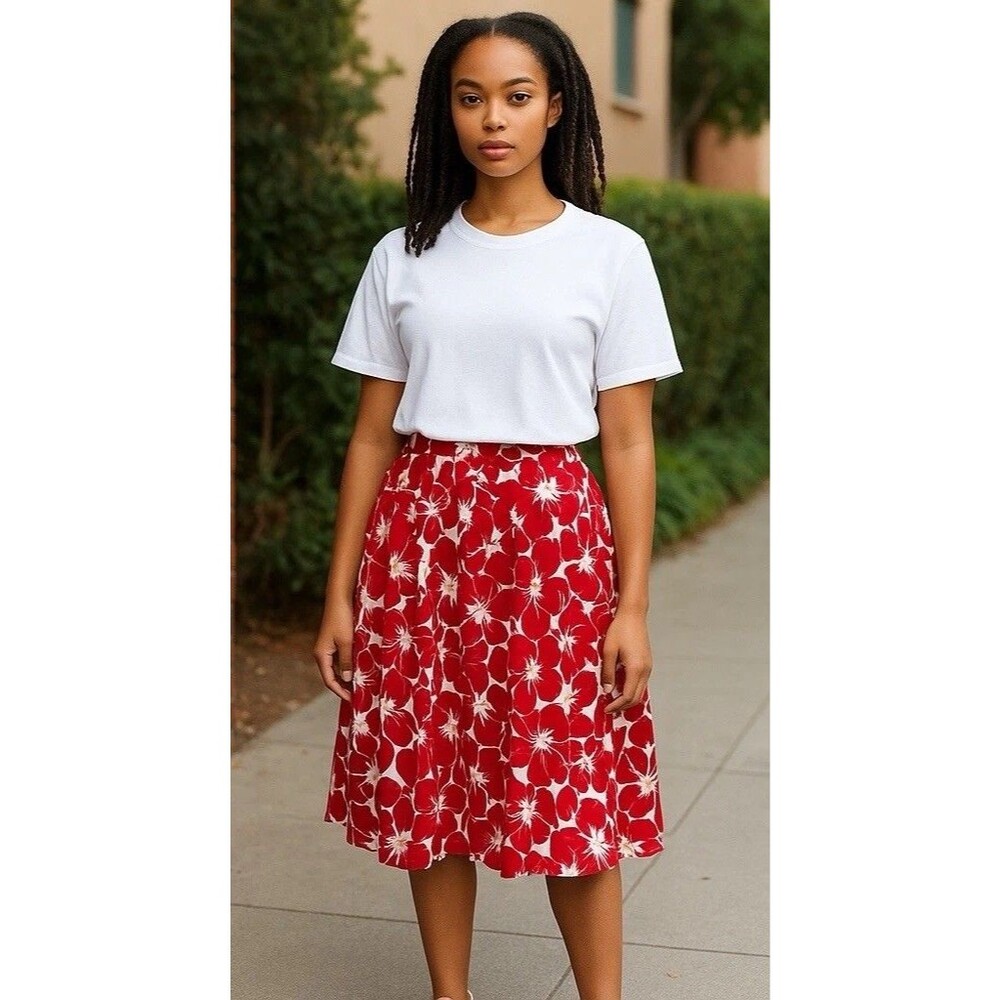 Talbots Skirt Womens 8 Red Floral Pleated‎ A Line Flare Beach Coastal Hawaiian
